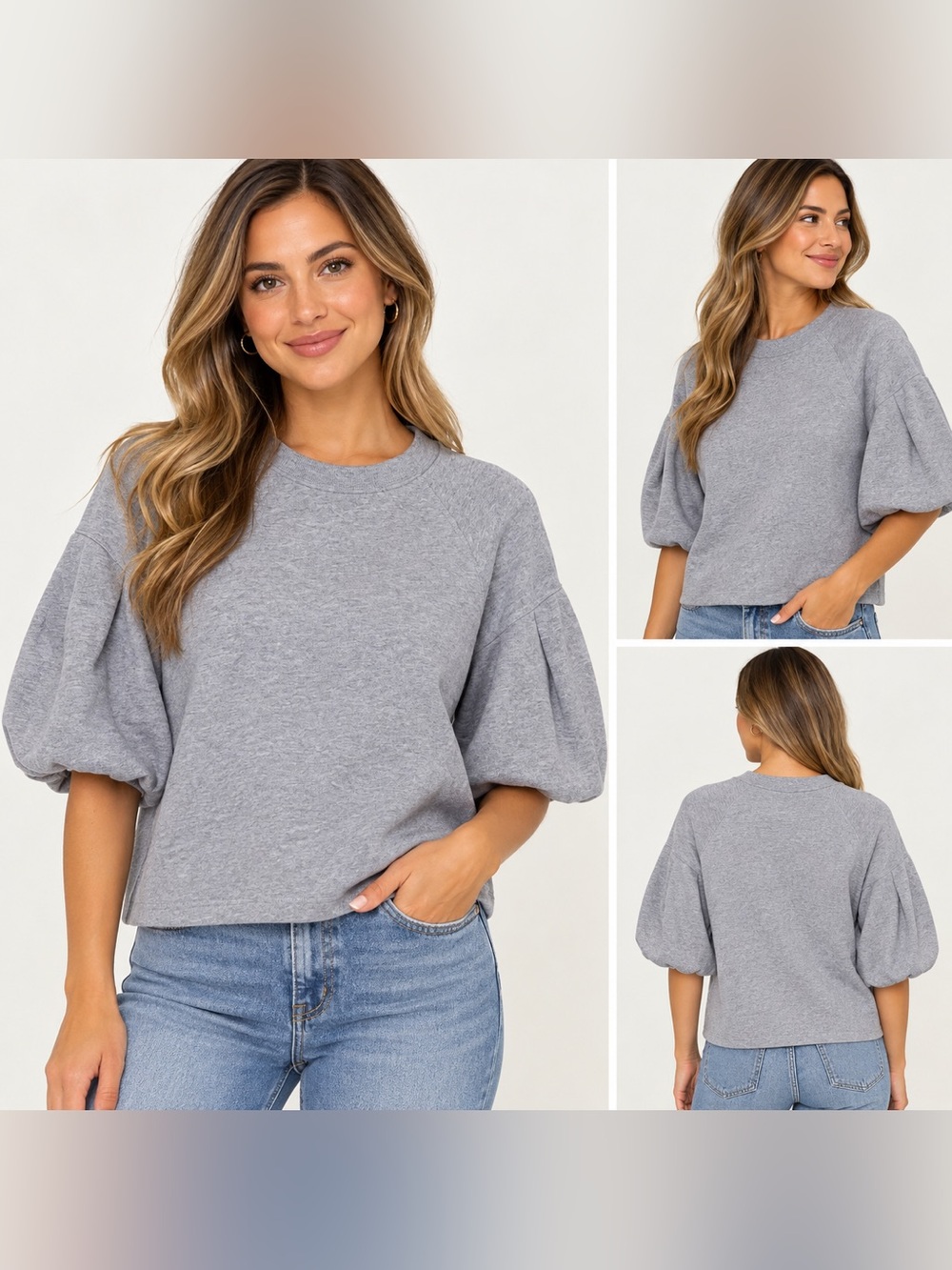 Madewell Gray Puff Sleeve Short Sleeve Sweatshirt Top Size M